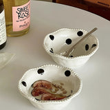 Chic Black & White Polka Dot Ceramic Bowl - 13.53oz, Wavy Edge Design for Oatmeal, Ice Cream | Microwave Safe, Perfect for Home Kitchens, Dessert Shops, and Dorm Decor, Ins Style, Dessert Bowl, Ceramic, Wavy Edge