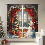 2PCS Christmas Vintage Wooden Cabin Cute Snowman Decorative Curtains, Rod Pocket Decorative Light-Filtering Kitchen Living Room Office Bedroom Home Decor Curtains