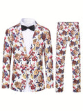 2-Piece Semi-Formal Floral Print Suit Set - Stylish Jacket and Matching Dress Pants for Dinner, Wedding, Party Occasions - Classic Fit, Comfortable, Versatile, and Elegant