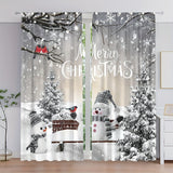 2-Piece Festive Christmas Curtain Set, Semi-Sheer Snowman & Pine Tree Design Polyester Drapes with Rod Pocket, Machine Washable for Living Room, Kitchen, Bedroom & More