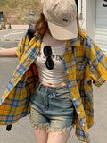 Plaid Pattern Button Up Shirt, Vintage Casual Short Sleeve Shirt For Spring & Summer, Women's Clothing