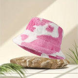 Cow Print Furry Bucket Hat Winter Warm Y2K Fluffy Fisherman Cap Plush Faux Fur Hats For Women Teens Girls