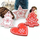 10Pc 5Cm Red Heart Star Bell Snowflake Christmas Ornaments Pendant Natural Wood Hanging Confetti