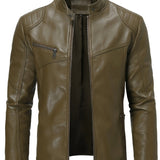 Stylish Men's PU Leather Jacket - Chic Stand Collar, Zip-Up Closure, Casual Wear for Everyday, Party, or Outdoor Activities - High-Quality, Durable, Water-Resistant, and Easy to Clean
