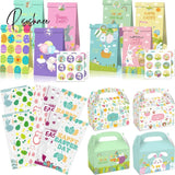 12Pcs Easter Gift Bags With Stickers Cute Rabbit Food Cookies Packaging Candy Kraft Paper Boxes