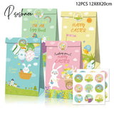 12Pcs Easter Gift Bags With Stickers Cute Rabbit Food Cookies Packaging Candy Kraft Paper Boxes