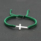 1pc Mens Hand Braided Stainless Steel Cross Patchwork Bracelet Anti-Allergy Acrylic Fibers Rope Bracelet