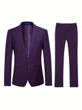 2 Pieces Men's Slim Fit Solid Color 2-Button Lapel Business Suit Set with Decorative Handkerchief Pocket and Suit Trousers for Formal Events