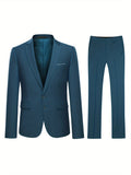 2 Pieces Men's Slim Fit Solid Color 2-Button Lapel Business Suit Set with Decorative Handkerchief Pocket and Suit Trousers for Formal Events