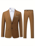 2 Pieces Men's Slim Fit Solid Color 2-Button Lapel Business Suit Set with Decorative Handkerchief Pocket and Suit Trousers for Formal Events