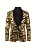 Men's Luxurious Floral Pattern Sequined Blazer Jacket - Elegant Party Wear for Formal Events - Golden and Black, Stylish, Comfortable, and Versatile