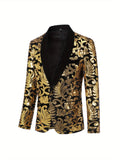 Men's Luxurious Floral Pattern Sequined Blazer Jacket - Elegant Party Wear for Formal Events - Golden and Black, Stylish, Comfortable, and Versatile