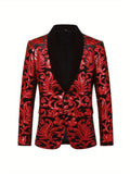 Men's Luxurious Floral Pattern Sequined Blazer Jacket - Elegant Party Wear for Formal Events - Golden and Black, Stylish, Comfortable, and Versatile