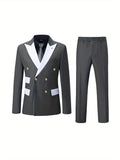 2pcs Elegant Men's Formal Suit Set - Contrast Double-Breasted Jacket & Solid Dress Pants - Perfect for Business, Dinner & Weddings