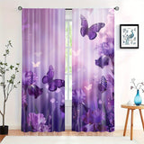 2 Panels of Blackout Curtains - Heat Insulating, Privacy Enhancing Purple Butterfly Floral Print Woven Polyester Drapes with Rod Pocket for Bedroom & Living Room Decor, Machine Washable, Art Deco Style