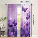 2 Panels of Blackout Curtains - Heat Insulating, Privacy Enhancing Purple Butterfly Floral Print Woven Polyester Drapes with Rod Pocket for Bedroom & Living Room Decor, Machine Washable, Art Deco Style