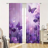 2 Panels of Blackout Curtains - Heat Insulating, Privacy Enhancing Purple Butterfly Floral Print Woven Polyester Drapes with Rod Pocket for Bedroom & Living Room Decor, Machine Washable, Art Deco Style