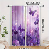 2 Panels of Blackout Curtains - Heat Insulating, Privacy Enhancing Purple Butterfly Floral Print Woven Polyester Drapes with Rod Pocket for Bedroom & Living Room Decor, Machine Washable, Art Deco Style