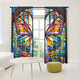 Modern Butterfly Stained Glass Print Semi-Sheer Curtains - Rod Pocket, Woven Polyester Peach Skin Velvet Fabric, 2 Panel Set for Living Room and Bedroom Decor