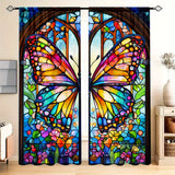 Modern Butterfly Stained Glass Print Semi-Sheer Curtains - Rod Pocket, Woven Polyester Peach Skin Velvet Fabric, 2 Panel Set for Living Room and Bedroom Decor