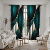 Elegant 2pcs Set Modern Dark Green & Golden Digital Print Curtains - Rod Pocket Design for Living Room, Bedroom, and Study - Soft Microfiber Polyester, Machine Washable