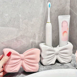 Portable Ceramic Bowknot Toothbrush Holder - No-Drill Bathroom Organizer for Toothbrushes & Toothpaste, for Return School