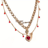 Elegant Double-Layered Red Heart & Pearl Necklace with Sparkling Cubic Zirconia - Princess-Inspired, Golden-Tone Clavicle Chain for Everyday Glamour & Special Gifts