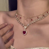 Elegant Double-Layered Red Heart & Pearl Necklace with Sparkling Cubic Zirconia - Princess-Inspired, Golden-Tone Clavicle Chain for Everyday Glamour & Special Gifts