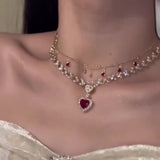 Elegant Double-Layered Red Heart & Pearl Necklace with Sparkling Cubic Zirconia - Princess-Inspired, Golden-Tone Clavicle Chain for Everyday Glamour & Special Gifts