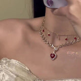 Elegant Double-Layered Red Heart & Pearl Necklace with Sparkling Cubic Zirconia - Princess-Inspired, Golden-Tone Clavicle Chain for Everyday Glamour & Special Gifts