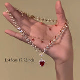 Elegant Double-Layered Red Heart & Pearl Necklace with Sparkling Cubic Zirconia - Princess-Inspired, Golden-Tone Clavicle Chain for Everyday Glamour & Special Gifts
