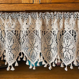 Lightweight Linen Valance with Crochet Lace & Tassels - Handcrafted Beige Rod Pocket Cafe Drapery - Kitchen, Living Room, Bedroom Voile Home Decor