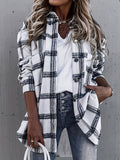 Stylish Plaid Chic Blouse - Elegant Lapel Collar, Functional Pocket Detail, Woven Striped Pattern, Long Sleeve, All-Season, Comfortable, and Versatile Women's Shirt for Daily Wear