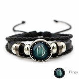 Luminous Twelve Constellation Artificial Gemstone Bracelet, Beaded Rope PU Leather 12 Constellation Woven Bracelet