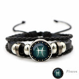 Luminous Twelve Constellation Artificial Gemstone Bracelet, Beaded Rope PU Leather 12 Constellation Woven Bracelet