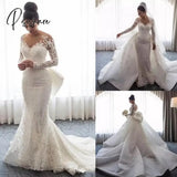 2 Pieces Luxury Wedding Dresses Detachable Train Long Sleeve Mermaid White Soft Satin Surface Bride