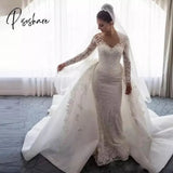 2 Pieces Luxury Wedding Dresses Detachable Train Long Sleeve Mermaid White Soft Satin Surface Bride