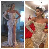 2023 Aso Ebi Arabic Gold Sparkly Evening Dresses Mermaid One Long Sleeve High Split Glitter