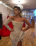 2023 Aso Ebi Arabic Gold Sparkly Evening Dresses Mermaid One Long Sleeve High Split Glitter