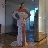 2023 Aso Ebi Arabic Gold Sparkly Evening Dresses Mermaid One Long Sleeve High Split Glitter