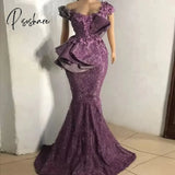 2023 Aso Ebi Purple Mermaid Evening Dresses Off The Shoulder Lace Beaded African Women Prom Formal