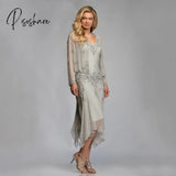 2023 Elegant Silver Chiffon Mother Of The Bride Groom Dresses With Jackets Summer Tea Length Lace