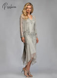 2023 Elegant Silver Chiffon Mother Of The Bride Groom Dresses With Jackets Summer Tea Length Lace