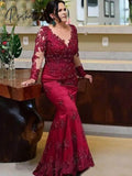 2023 New Arrival Red Lace Mother Of The Bride Dresses Long Sleeves Illusion Jewel Neck Mermaid