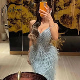 2024 Luxury Dubai Blue Feathers Beads Evening Dress Sexy Spaghetti Strap Sleeveless Arabic