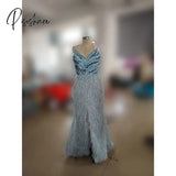 2024 Luxury Dubai Blue Feathers Beads Evening Dress Sexy Spaghetti Strap Sleeveless Arabic
