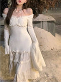 2024 Spring Elegant Knitted Dress Women Lace Patchwork Koeran Princess Midi Female Casual Sweet