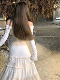 2024 Spring Elegant Knitted Dress Women Lace Patchwork Koeran Princess Midi Female Casual Sweet