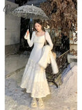 2024 Spring Elegant Knitted Dress Women Lace Patchwork Koeran Princess Midi Female Casual Sweet