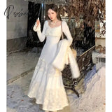 2024 Spring Elegant Knitted Dress Women Lace Patchwork Koeran Princess Midi Female Casual Sweet